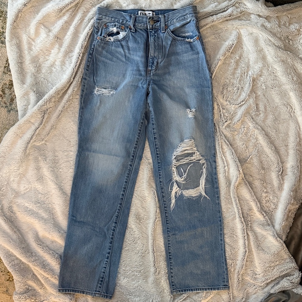 Classic Blue Distressed Straight Leg Jeans
